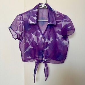 Purple Flower Cover-Up Tie-Up Blouse